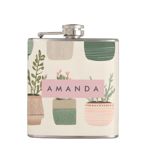 Personalized Modern Boho Potted Succulent Plant Hip Flask