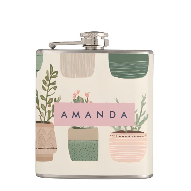 Personalized Modern Boho Potted Succulent Plant Hip Flask (Front)