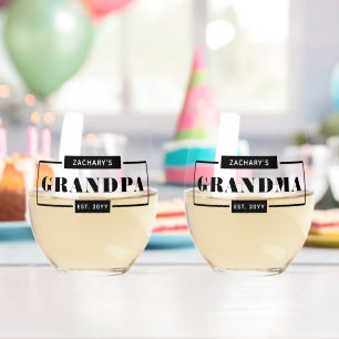 Personalized Modern Bold Grandpa Grandma Est  Stemless Wine Glass