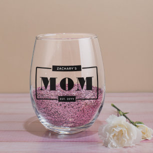 Personalized Modern Bold Mom Est New Mommy Stemless Wine Glass