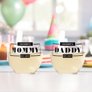 Personalized Modern Bold New Mommy and Daddy Est Stemless Wine Glass