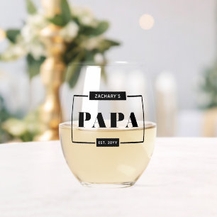 Personalized Modern Bold Papa Est New Dad Stemless Wine Glass