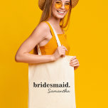 Personalized Modern Bridal Shower Bridesmaid Tote Bag<br><div class="desc">Check out these perfect tote bags for your bridal party, bachelorette party guests, birthday or wedding guest party favors. A modern and elegant custom tote bag is chic and sophisticated to complement your wedding or any special occasion. They can be personalized with your name and role in the bridal party,...</div>