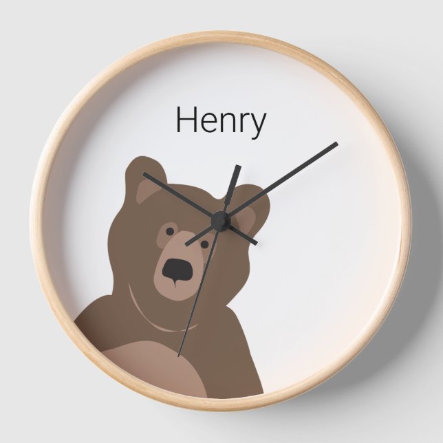 Personalized Modern Brown Bear, 10" Round Clock (Front)