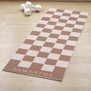 Personalized Modern Brown Simple Checkered Pattern Yoga Mat