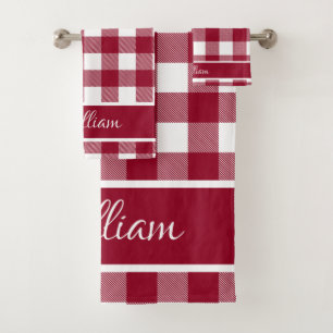 Personalized Modern Burgundy White Buffalo Checks Bath Towel Set