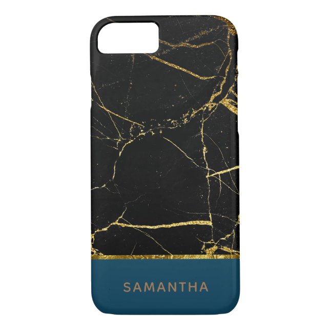 Personalized Modern chic Black marble Gold Teal Case-Mate iPhone Case (Back)