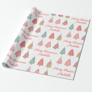 Personalized Modern Christmas Pink Pine Tree Wrapping Paper