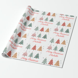 Personalized Modern Christmas Pink Pine Tree Wrapping Paper