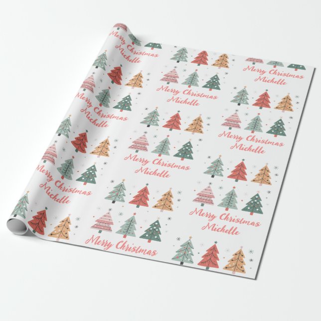 Personalized Modern Christmas Pink Pine Tree       Wrapping Paper (Unrolled)