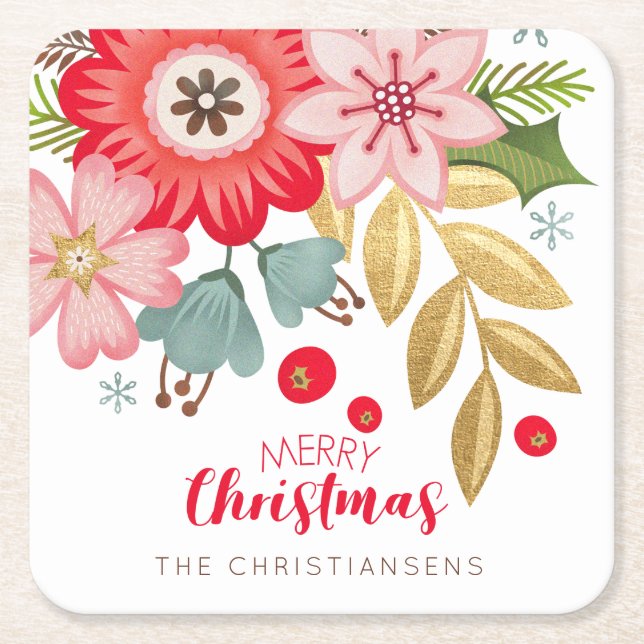 Personalized Modern Christmas Square Paper Coaster (Front)