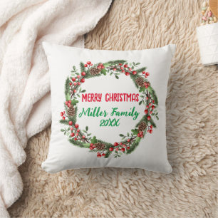 Personalized Modern Christmas Wreath Family Xmas Throw Pillow