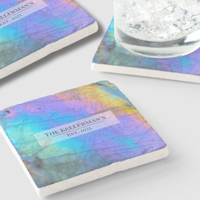 Personalized Modern Colourful Family Name Stone Coaster (Modern Colorful Labradorite Stone Family Name Stone Coaster)
