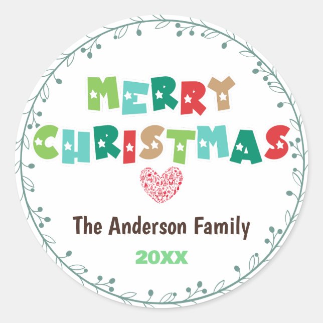 Personalized Modern Colourful Merry Christmas Classic Round Sticker (Front)