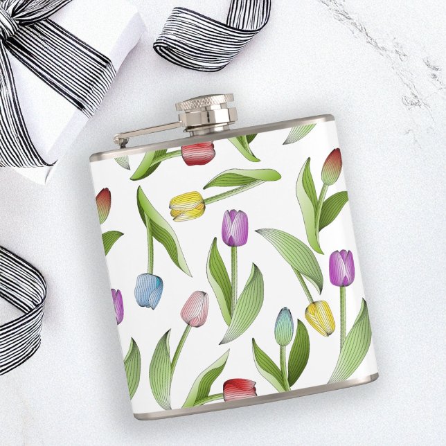 Personalized Modern Colourful Tulip Flower Hip Flask (Creator Uploaded)