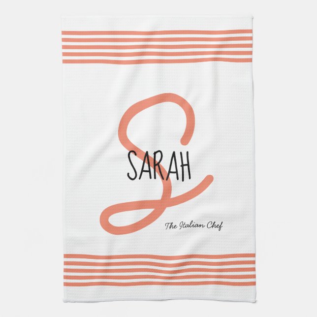Personalized Modern Coral Elegant Monogram Chef Kitchen Towel (Vertical)