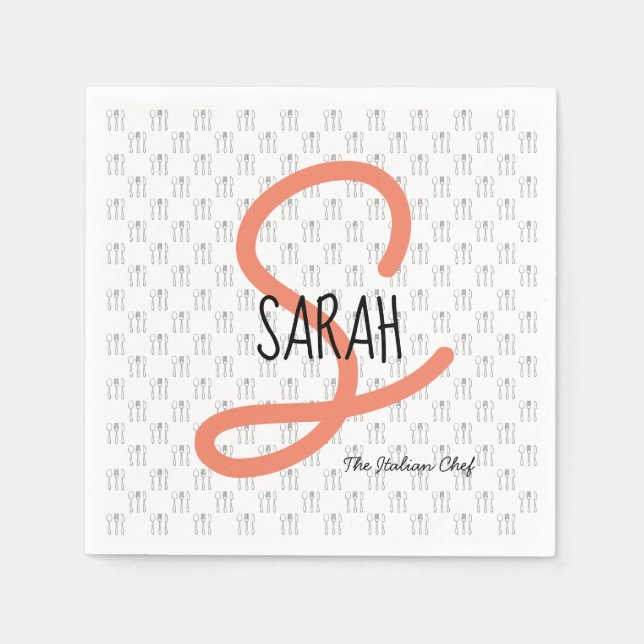 Personalized Modern Coral Elegant Monogram Napkin (Front)