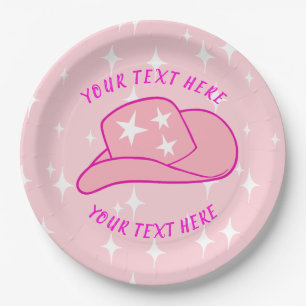 Personalized Modern Cowgirl Hat Starburst Pink Paper Plate