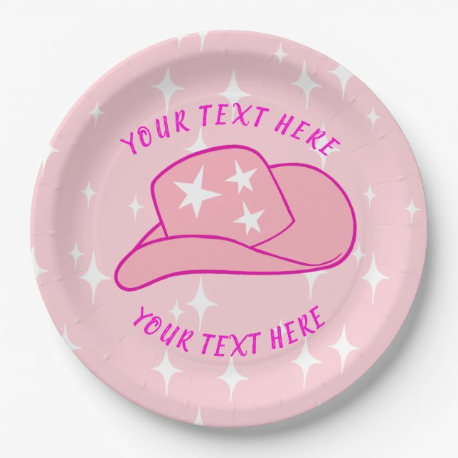 Personalized Modern Cowgirl Hat Starburst Pink Paper Plate (Front)
