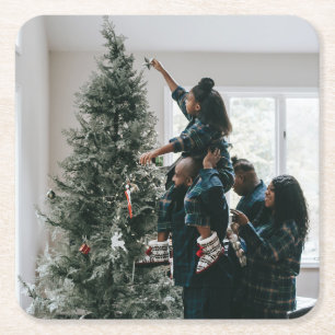 Personalized Modern Custom Christmas Family Photo Square Paper Coaster