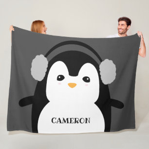 Personalized Modern Cute Black White Penguin Fleece Blanket