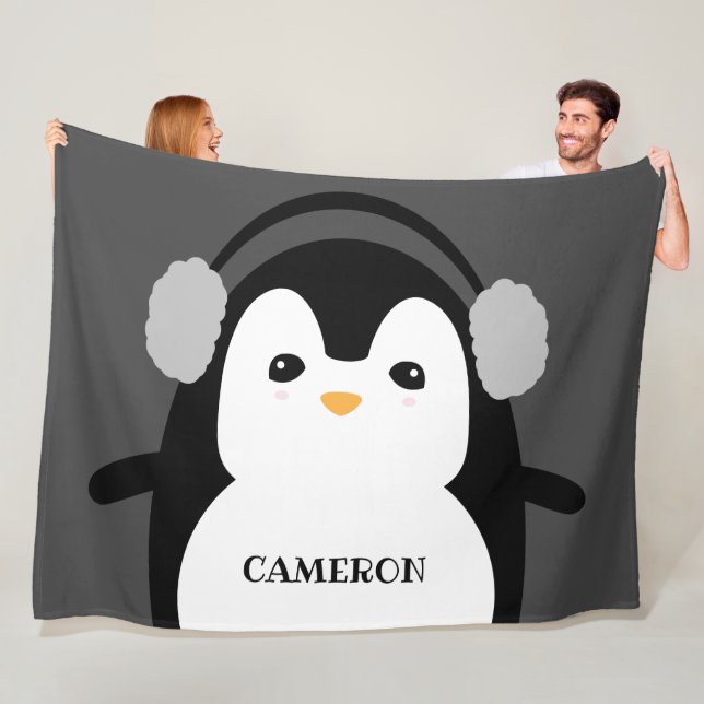 Personalized Modern Cute Black White Penguin Fleece Blanket (In Situ)