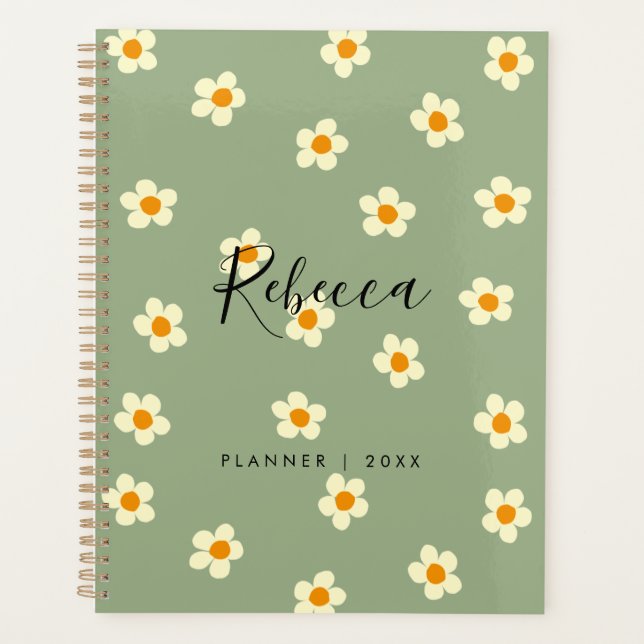 Personalized Modern Daisy Floral Green 2023 Planner (Front)