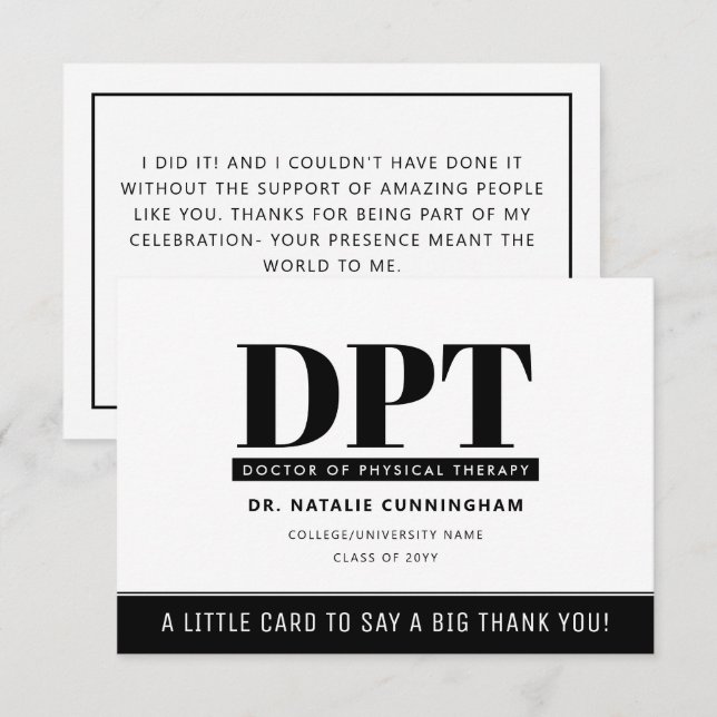 Personalized Modern DPT Doctor of Physical Therapy Thank You Card (Front/Back)