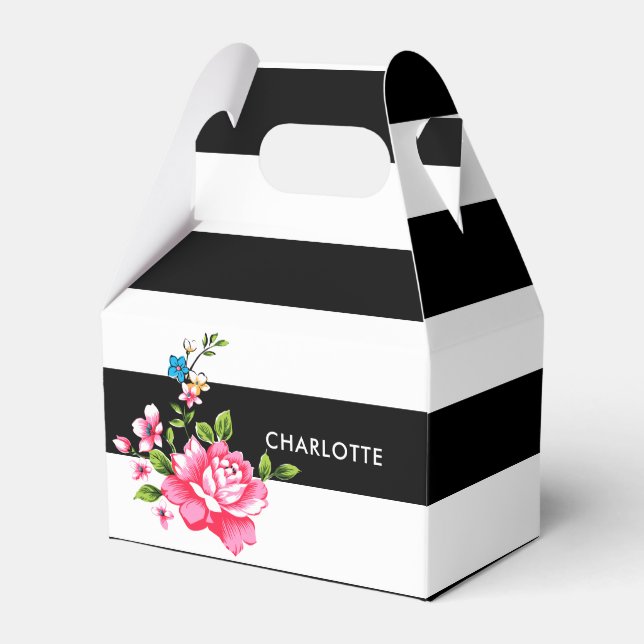 Personalized Modern Elegant Black and white stripe Favor Box (Front Side)