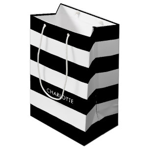 Personalized Modern Elegant Black and white stripe Medium Gift Bag