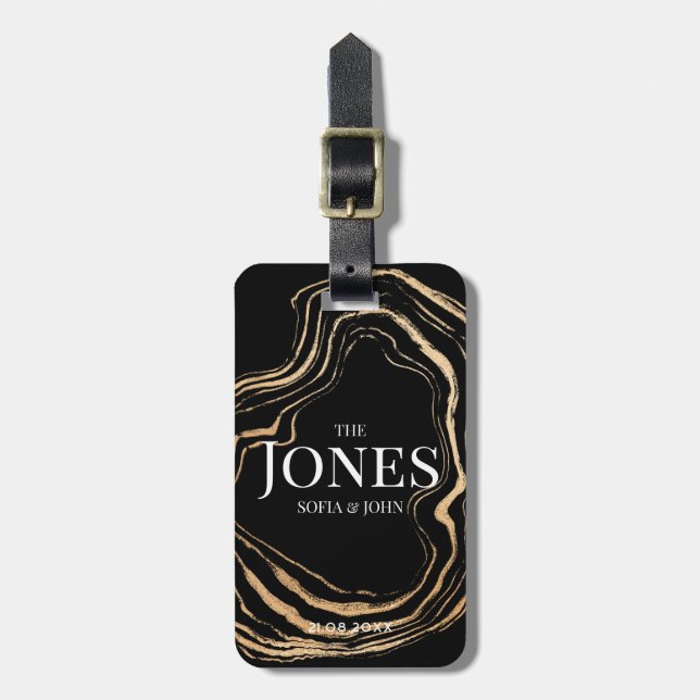 Personalized Modern Elegant Black Gold Newlywed Luggage Tag (Front Vertical)