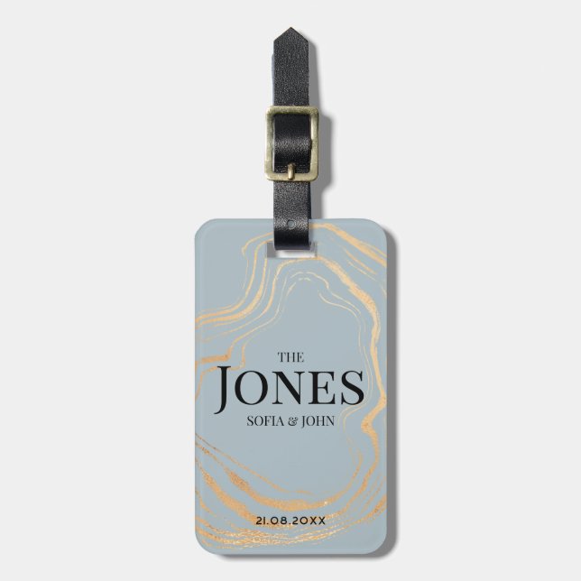 Personalized Modern Elegant Blue Gold Newlywed Luggage Tag (Front Vertical)