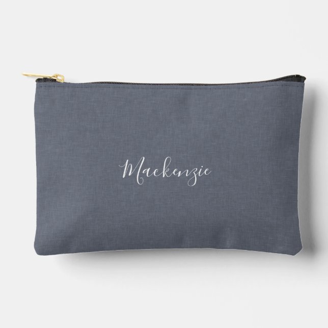 Personalized Modern Elegant Blue Grey Linen Accessory Pouch (Front)