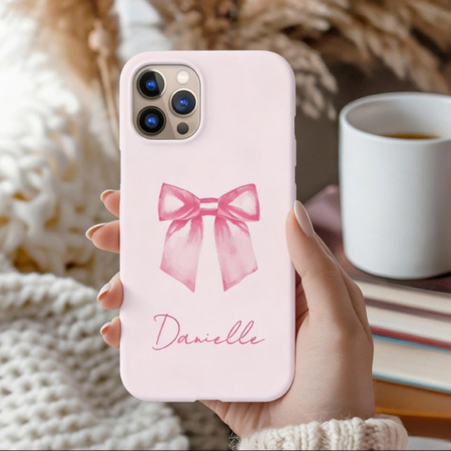 Personalized Modern Elegant Pink Bow Case-Mate iPhone Case (Barely there iphone case is shown on image. Add your name and choose the one for your iphone model.)