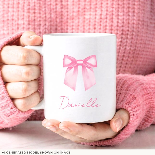 Personalized Modern Elegant Pink Bow Name Mug (11 oz Pink Bow Mug is shown. Customize it with your name.)