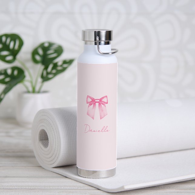 Personalized Modern Elegant Pink Bow Name Water Bottle (Yoga (Rotated))