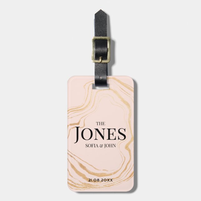 Personalized Modern Elegant Pink Gold Newlywed Luggage Tag (Front Vertical)