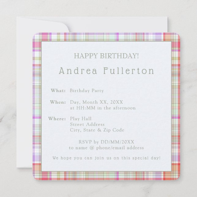 Personalized Modern Elegant Plaid Birthday Party Invitation (Front)