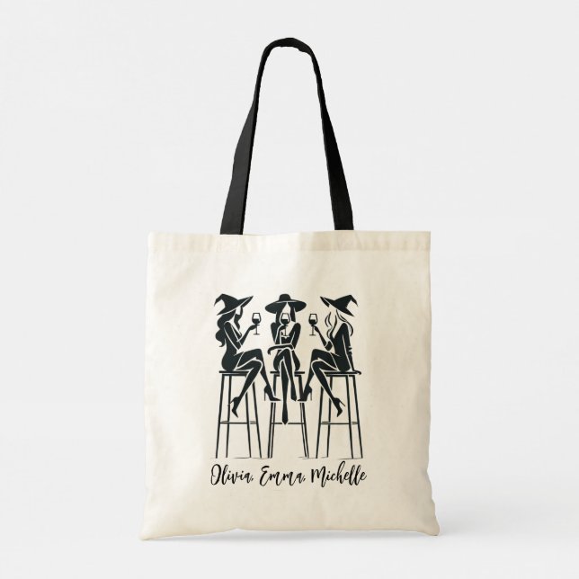 Personalized, Modern, Elegant Witches Wine Night Tote Bag (Back)