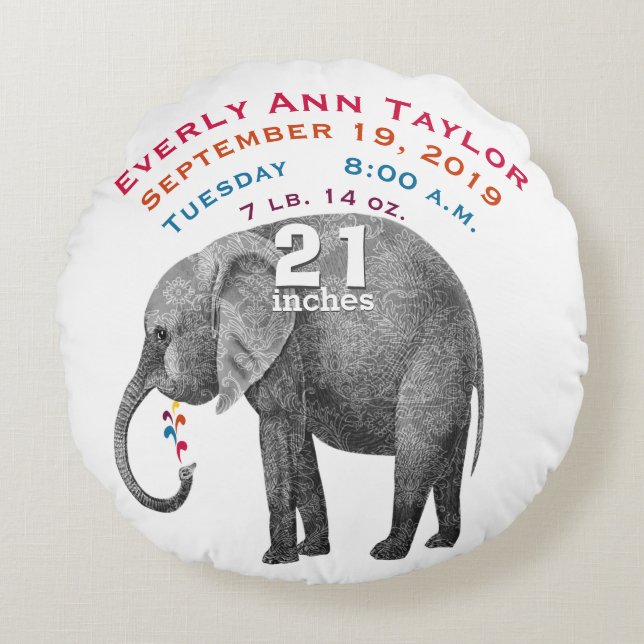 Personalized Modern Elephant Baby Nursery Round Pillow (Front)