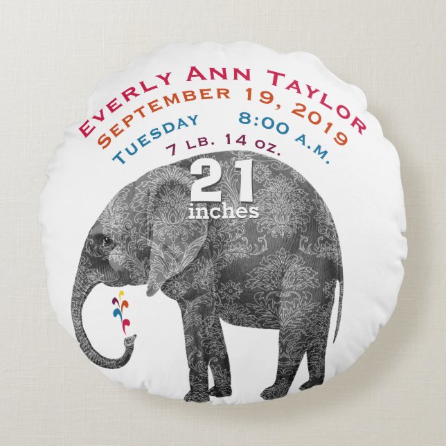 Personalized Modern Elephant Baby Nursery Round Pillow (Front)