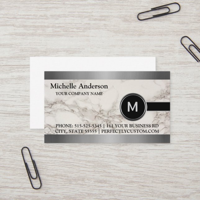 Personalized Modern Executive Grey Marble Monogram Business Card (Front/Back In Situ)