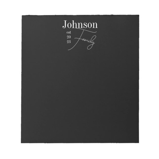 Personalized Modern Family Name Black and White Notepad (Front)