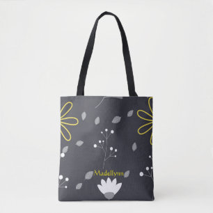 Personalized Modern Floral Black and Yellow Tote Bag