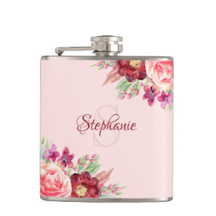 Personalized Modern Floral Burgundy Blush Monogram Hip Flask