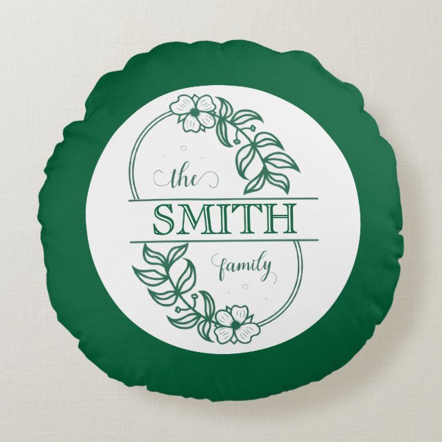  Personalized Modern Floral Family Name Monogram Round Pillow (Front)