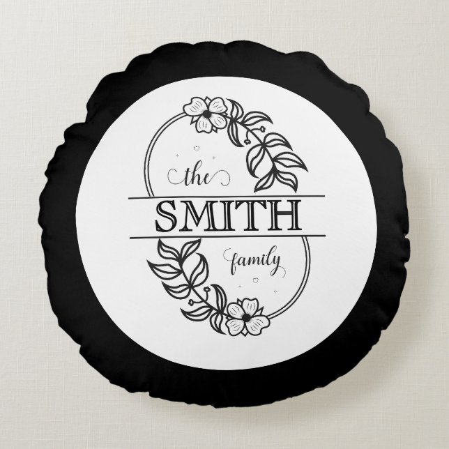  Personalized Modern Floral Family Name Monogram Round Pillow (Front)
