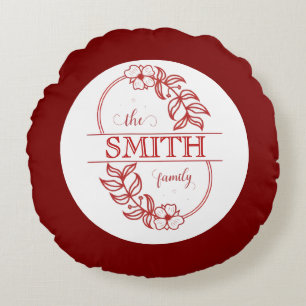  Personalized Modern Floral Family Name Monogram Round Pillow
