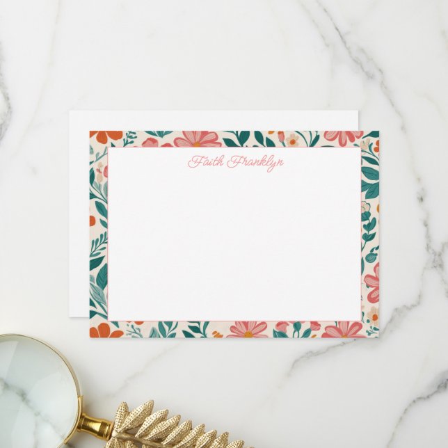 Personalized Modern Floral Girls Stationery Thank You Card (Front/Back In Situ)