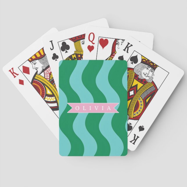 Personalized Modern Fun Green Wave Stripes Custom Playing Cards (Back)